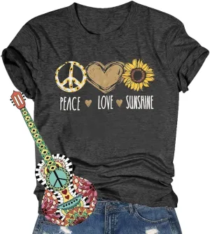 Peace Love 60s 70s Shirt Women Sunflower Graphic Shirt Hippie Lover Gifts T-Shirt Groovy Short Sleeve Tees Tops