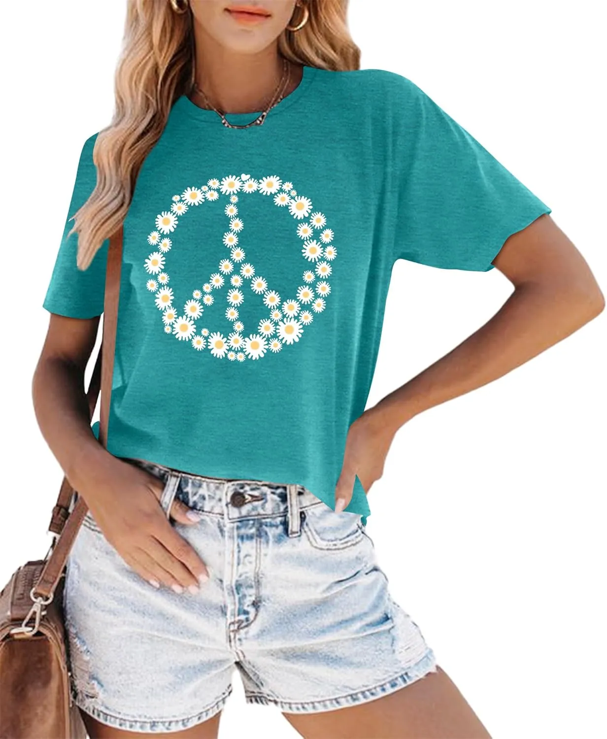 Peace Sign Love T-Shirt for Women Flower Graphic Shirt Hippie Short Sleeve 60s 70s Shirt Inspirational Tee Tops