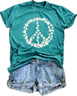 Peace Sign Love T-Shirt for Women Flower Graphic Shirt Hippie Short Sleeve 60s 70s Shirt Inspirational Tee Tops