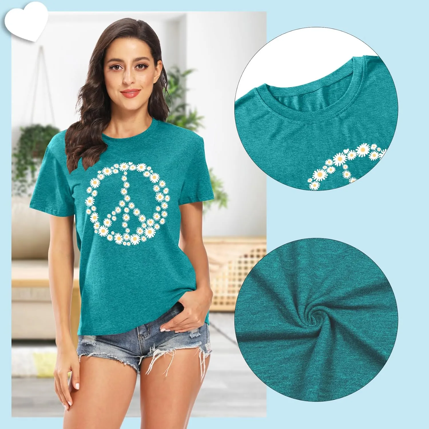 Peace Sign Love T-Shirt for Women Flower Graphic Shirt Hippie Short Sleeve 60s 70s Shirt Inspirational Tee Tops