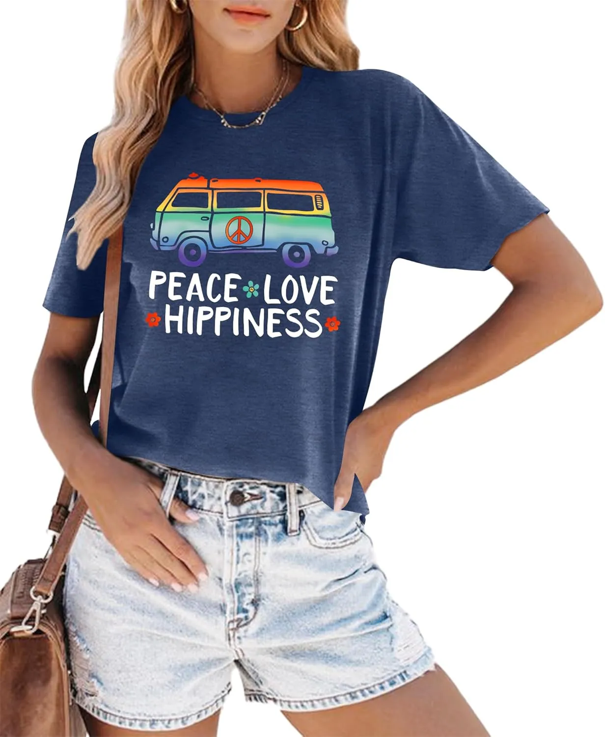 Peace Sign Love T-Shirt for Women Flower Graphic Shirt Hippie Short Sleeve 60s 70s Shirt Inspirational Tee Tops