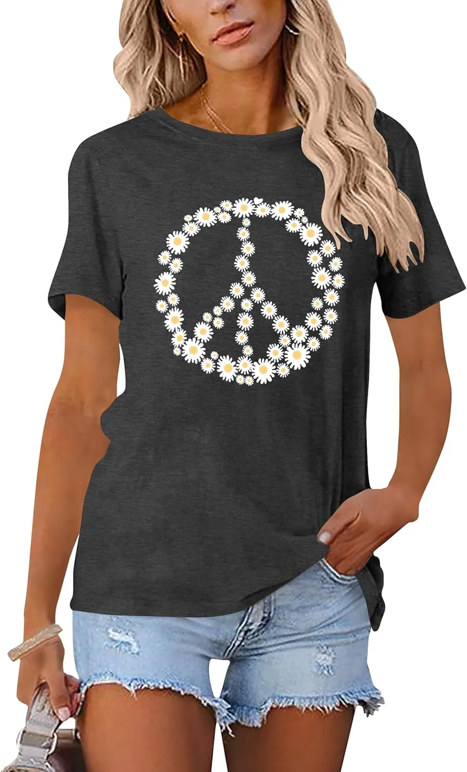 Peace Sign Love T-Shirt for Women Flower Graphic Shirt Hippie Short Sleeve 60s 70s Shirt Inspirational Tee Tops