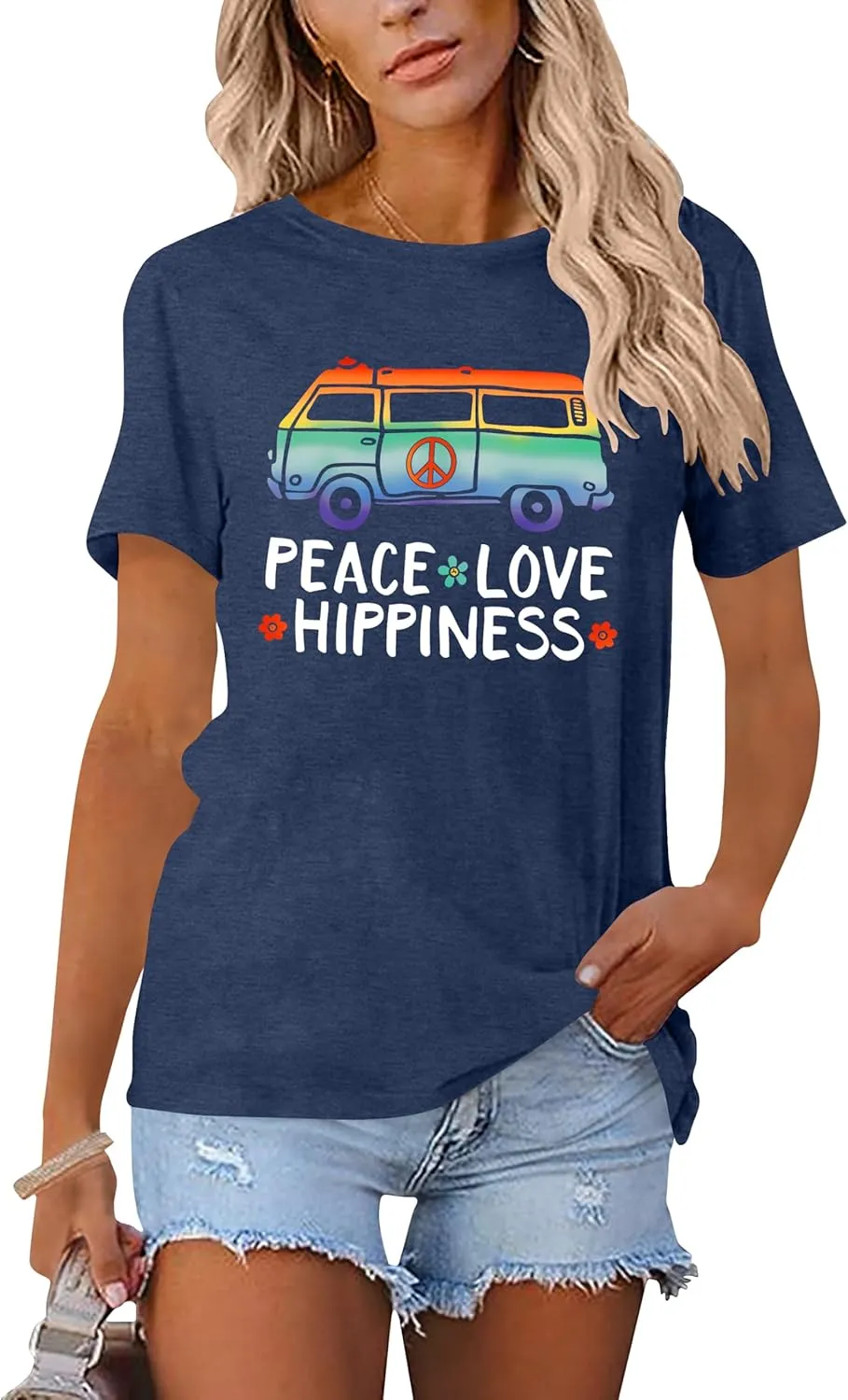 Peace Sign Love T-Shirt for Women Flower Graphic Shirt Hippie Short Sleeve 60s 70s Shirt Inspirational Tee Tops