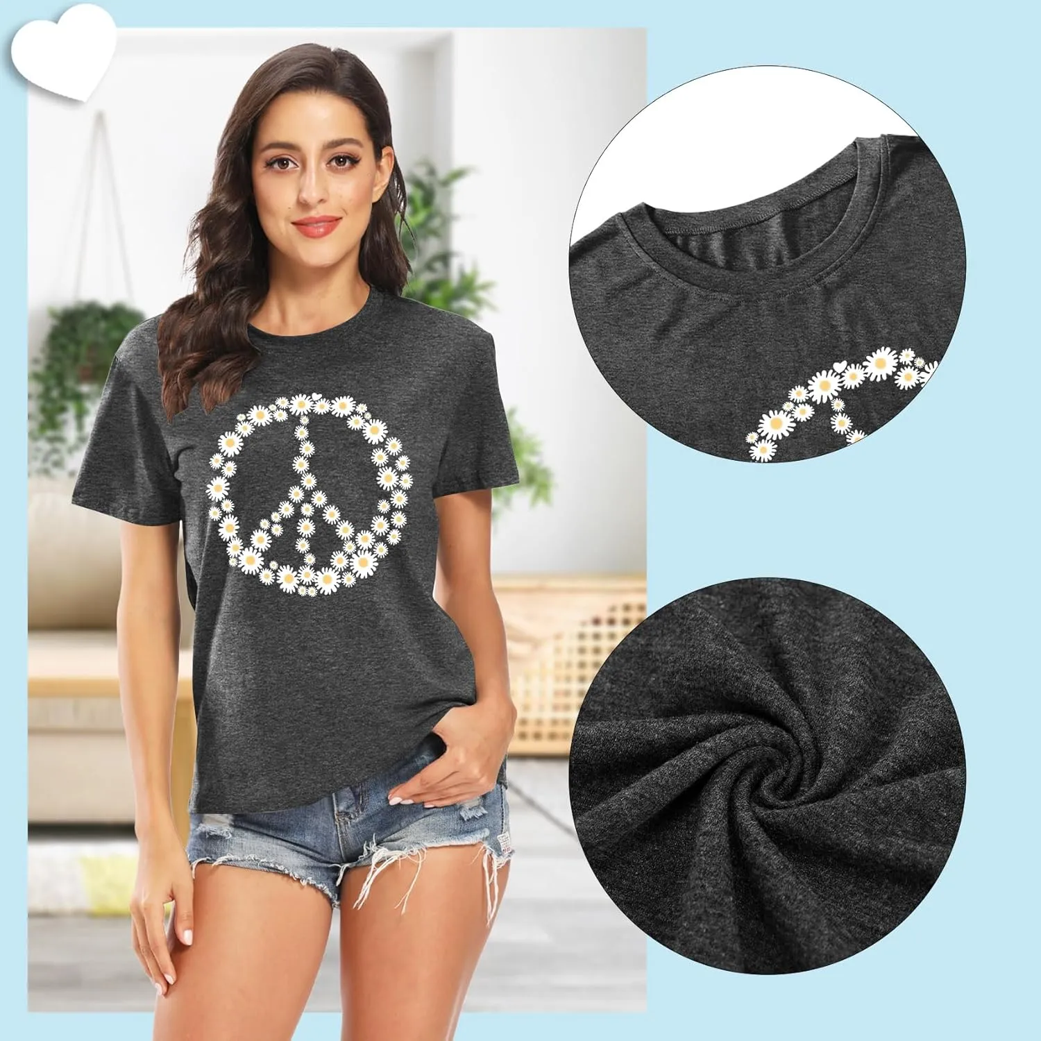 Peace Sign Love T-Shirt for Women Flower Graphic Shirt Hippie Short Sleeve 60s 70s Shirt Inspirational Tee Tops