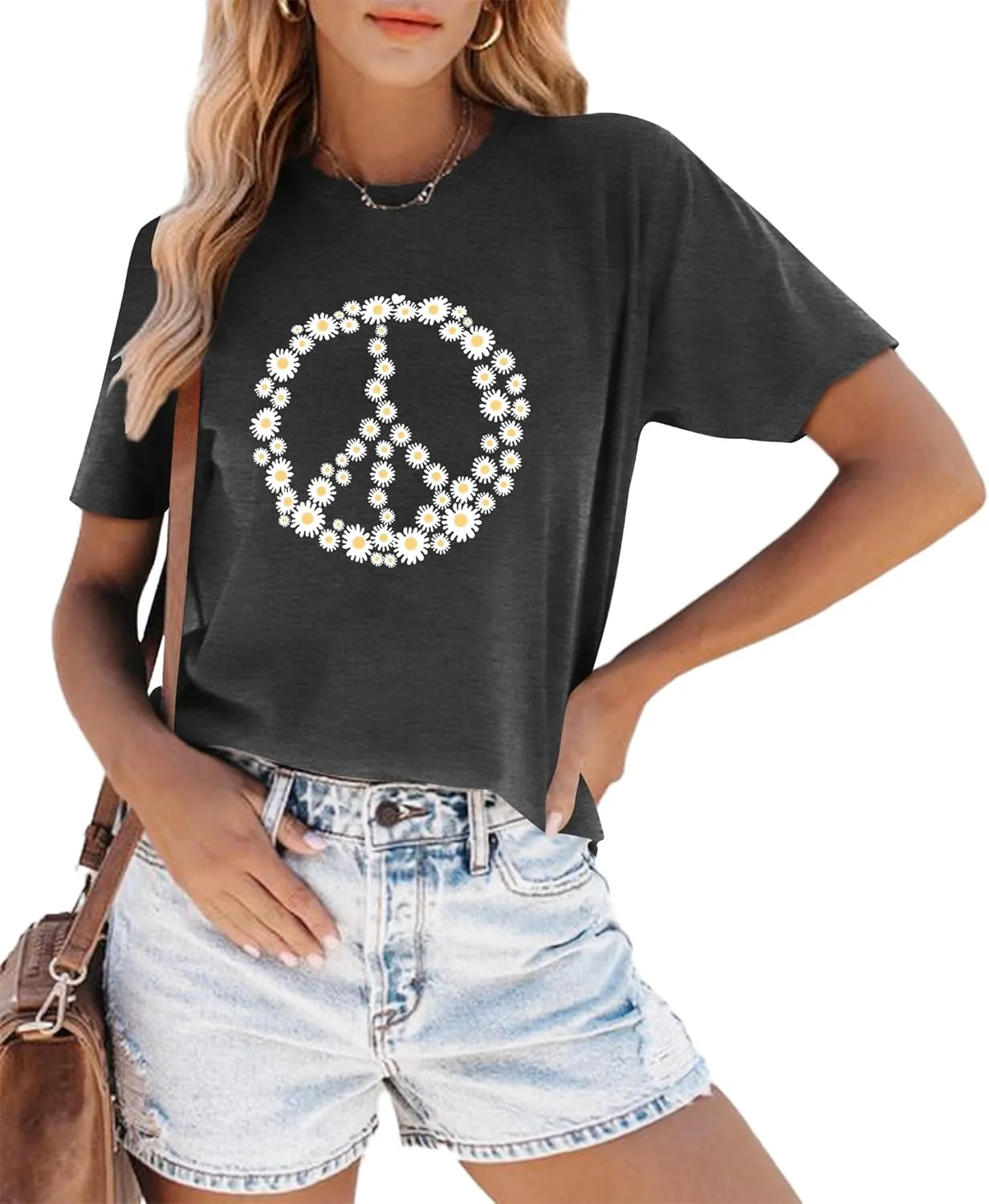 Peace Sign Love T-Shirt for Women Flower Graphic Shirt Hippie Short Sleeve 60s 70s Shirt Inspirational Tee Tops