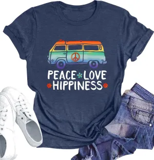 Peace Sign Love T-Shirt for Women Flower Graphic Shirt Hippie Short Sleeve 60s 70s Shirt Inspirational Tee Tops