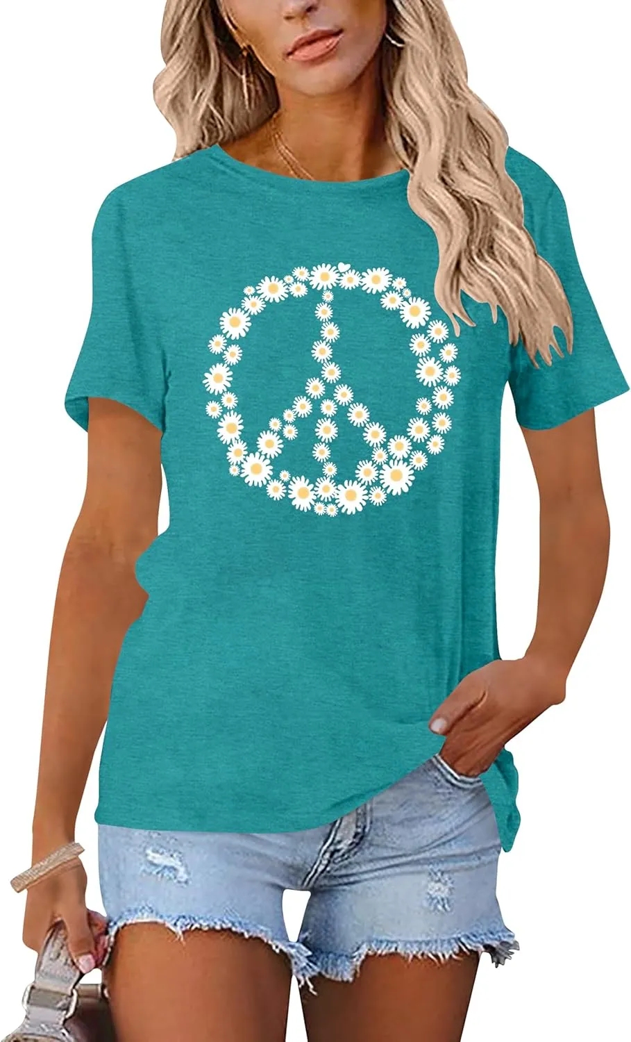 Peace Sign Love T-Shirt for Women Flower Graphic Shirt Hippie Short Sleeve 60s 70s Shirt Inspirational Tee Tops