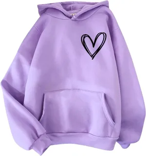 Pink Tops Hoodies for Women Heart Print Cute Preppy Sweatshirt Teen Girls Long Sleeve Pullover Hooded Tops