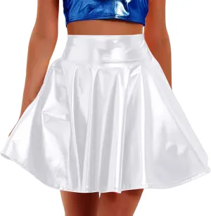 Pleated Skirts for Women Shiny Metallic Skater Skirt Holographic A-Line Skirt Festivals Raves Faux Leather Skirts