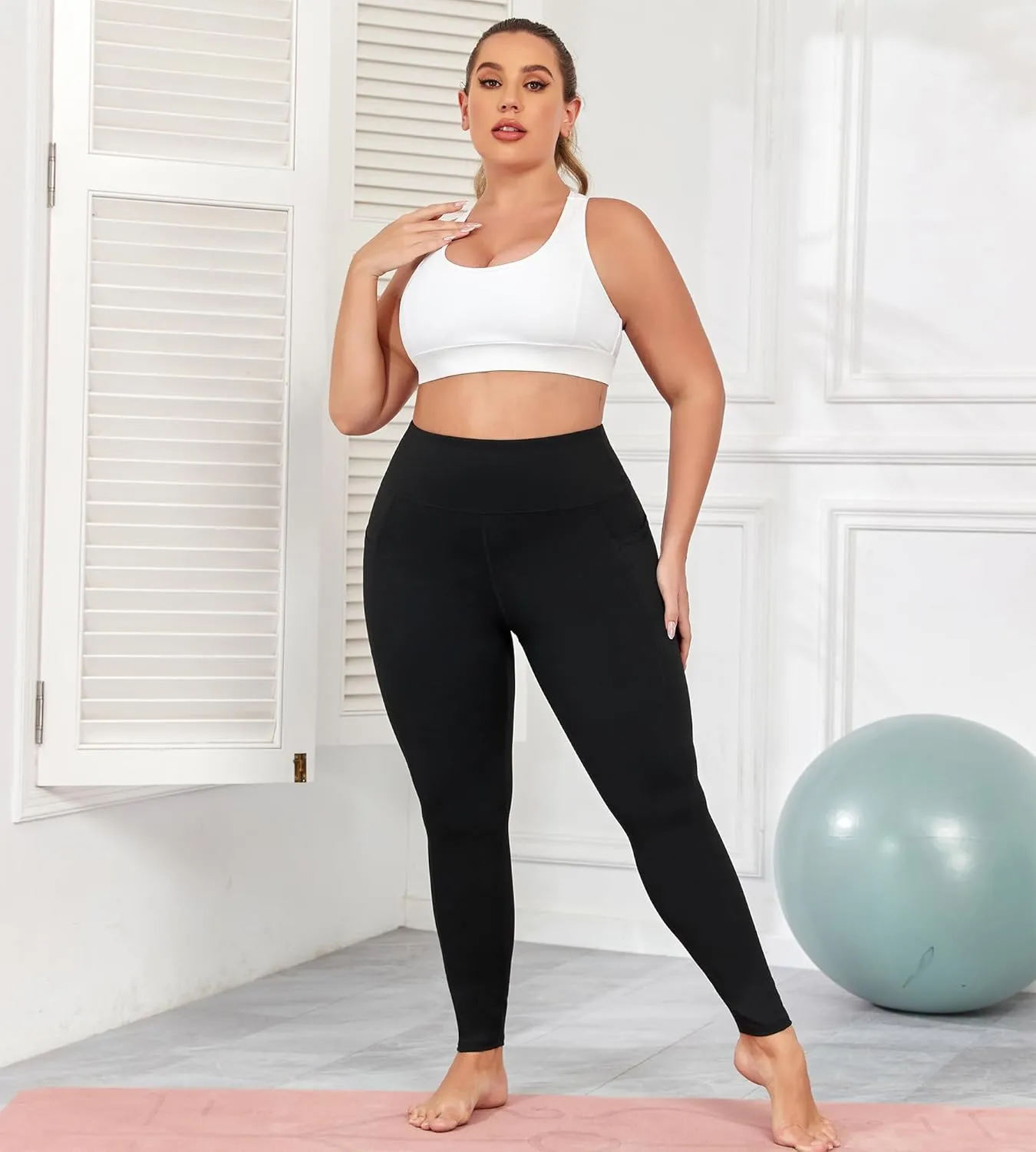 Plus Size Butt Lifting Leggings with Pockets for Women, L-5XL Yoga Pants Tummy Control, High Waist Workout Leggings