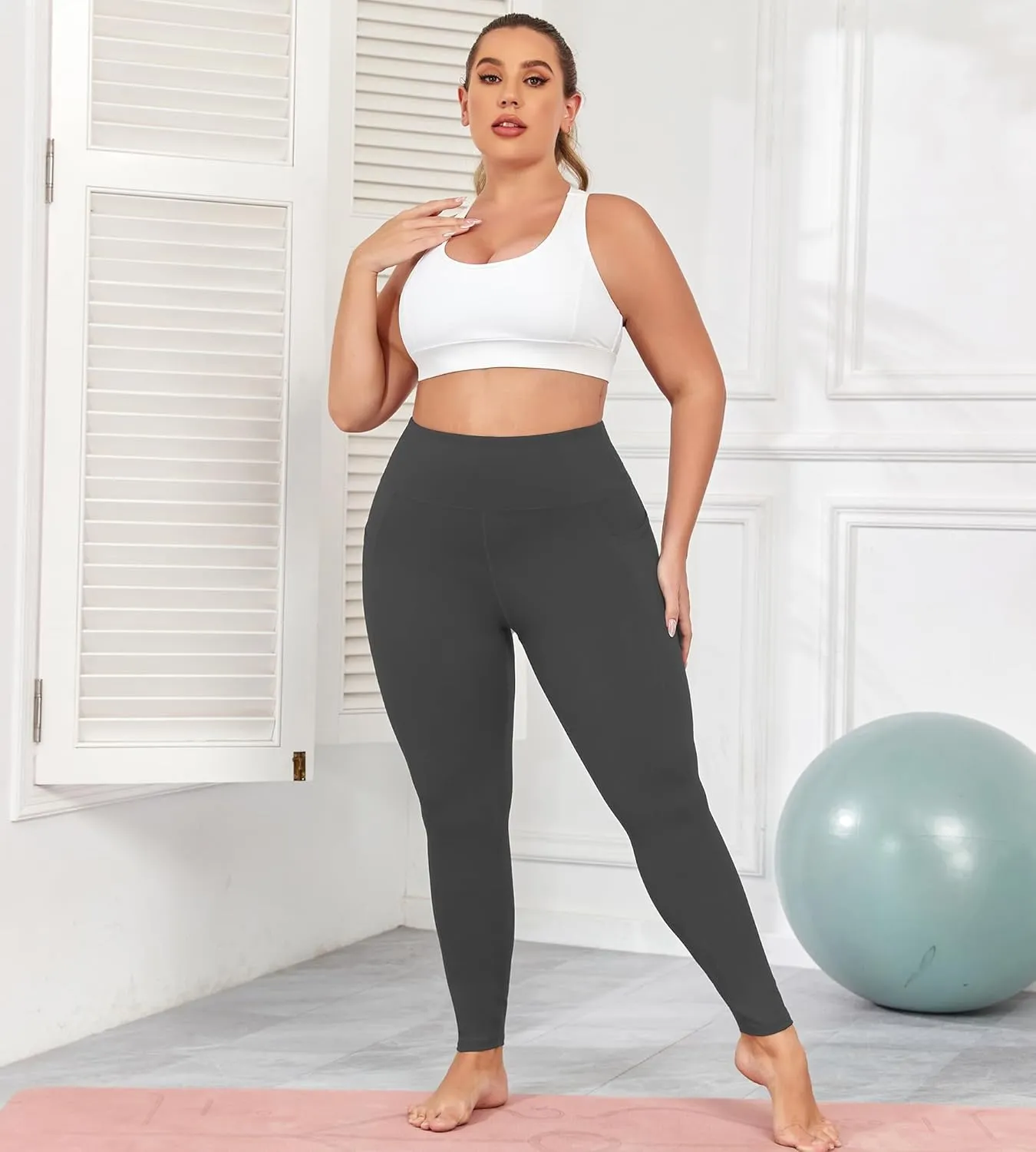Plus Size Butt Lifting Leggings with Pockets for Women, L-5XL Yoga Pants Tummy Control, High Waist Workout Leggings