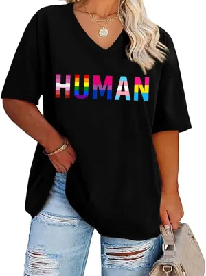 Plus Size Gay Pride T-Shirt Women LGBT Rainbow Graphic Tee Blouse Casual Loose Short Sleeve V-Neck Tunic Tops