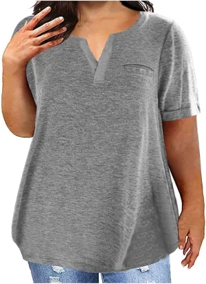 Plus Size Tops for Women Dressy Blouse Notch V Neck Oversized T Shirts Summer Casual Short Sleeve Tshirt with Pockets