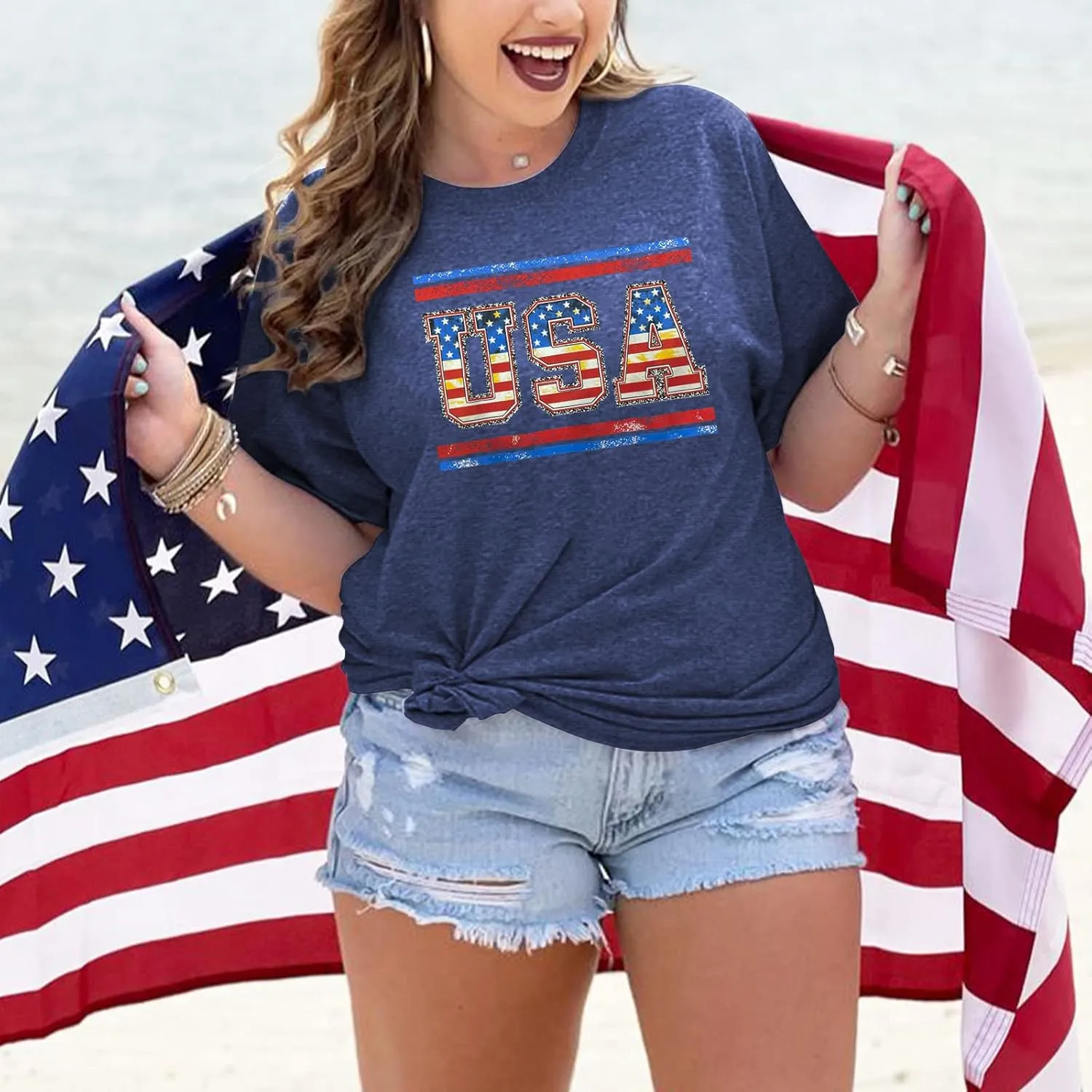 Plus Size USA Flag Shirt for Women 4th of July American Flag Print Tee Tops Short Sleeve Patriotic T-Shirt Blouse