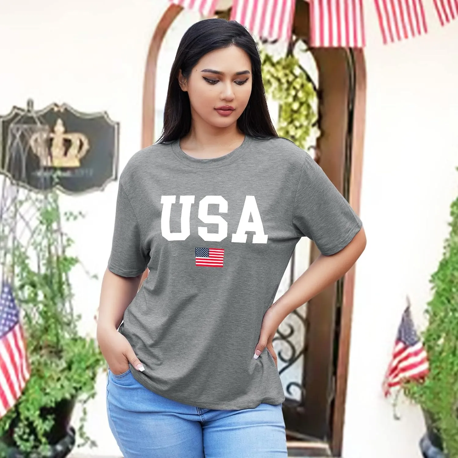 Plus Size USA Flag Shirt for Women 4th of July American Flag Print Tee Tops Short Sleeve Patriotic T-Shirt Blouse
