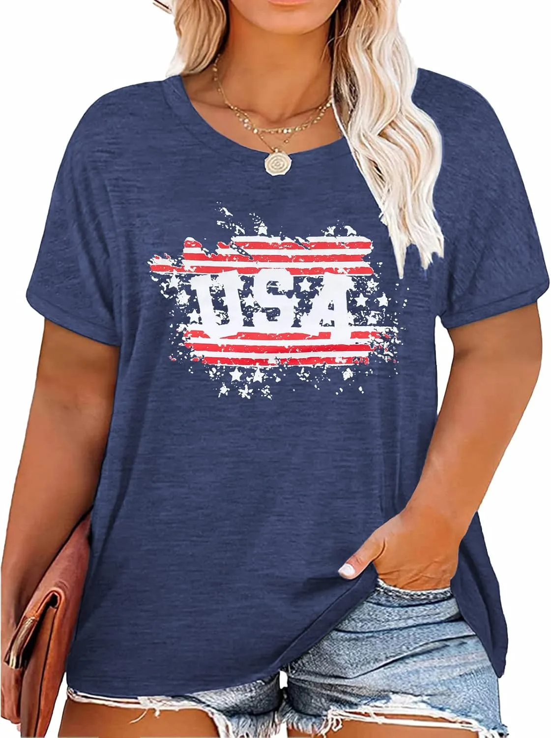 Plus Size USA Flag Shirt for Women 4th of July American Flag Print Tee Tops Short Sleeve Patriotic T-Shirt Blouse