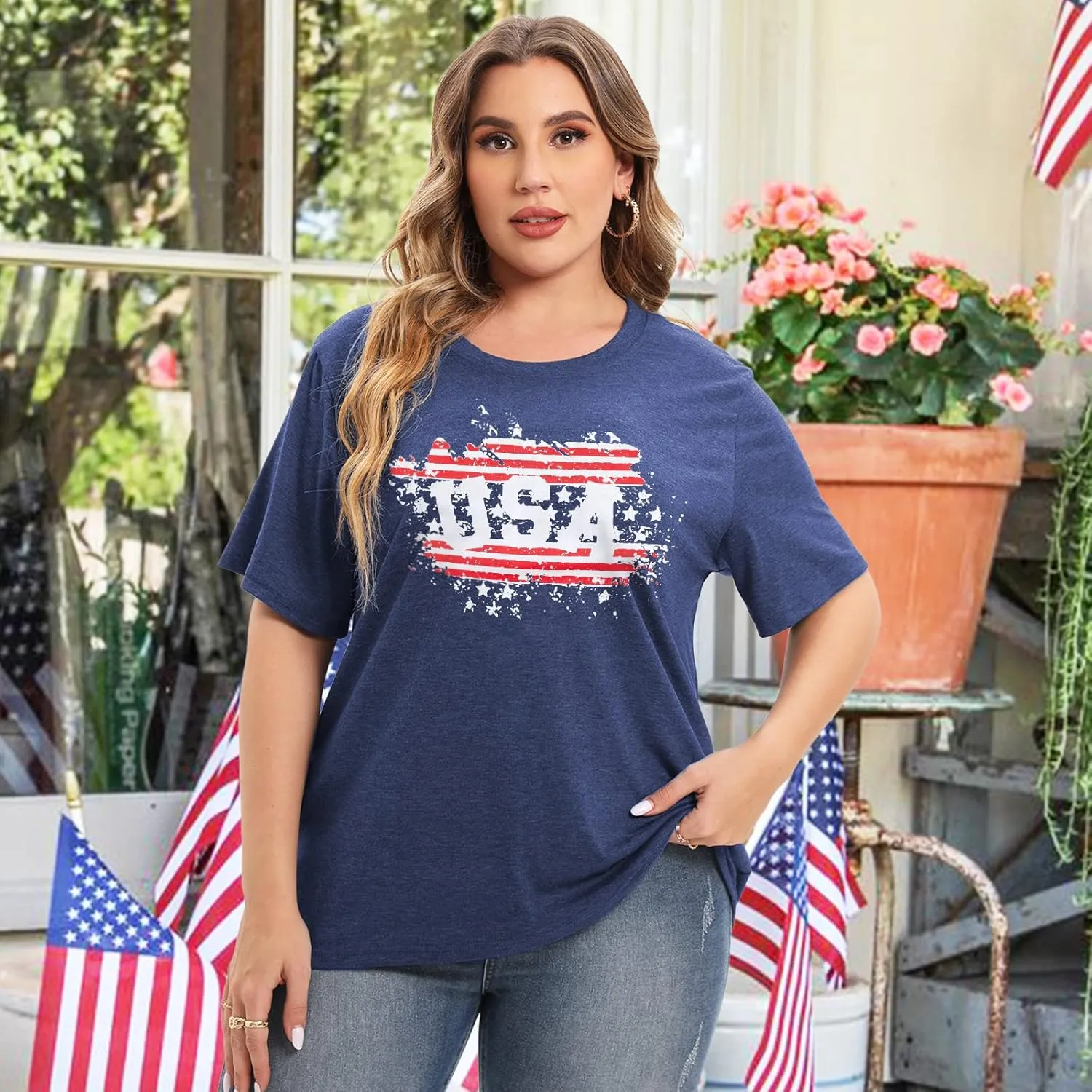 Plus Size USA Flag Shirt for Women 4th of July American Flag Print Tee Tops Short Sleeve Patriotic T-Shirt Blouse