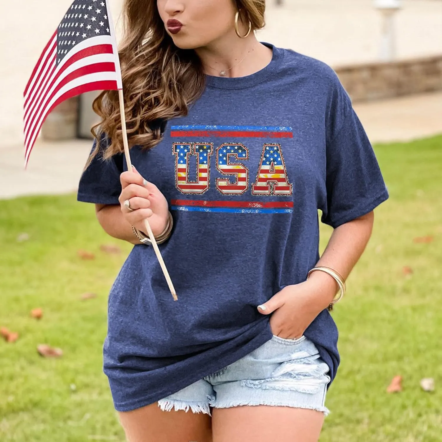 Plus Size USA Flag Shirt for Women 4th of July American Flag Print Tee Tops Short Sleeve Patriotic T-Shirt Blouse