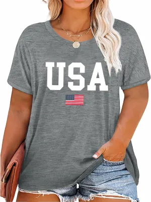 Plus Size USA Flag Shirt for Women 4th of July American Flag Print Tee Tops Short Sleeve Patriotic T-Shirt Blouse