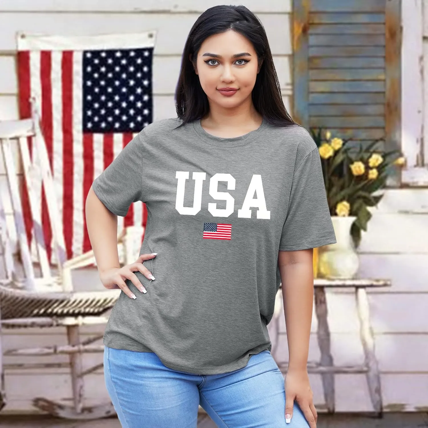 Plus Size USA Flag Shirt for Women 4th of July American Flag Print Tee Tops Short Sleeve Patriotic T-Shirt Blouse