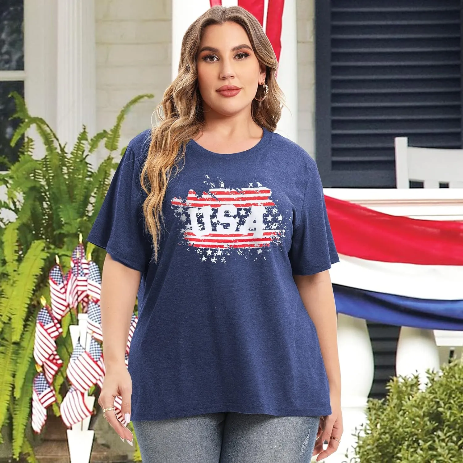 Plus Size USA Flag Shirt for Women 4th of July American Flag Print Tee Tops Short Sleeve Patriotic T-Shirt Blouse