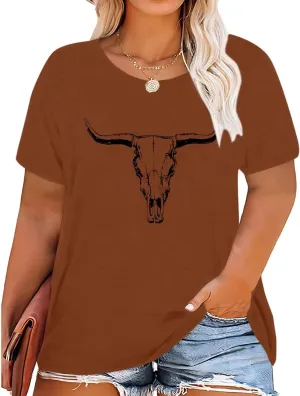 Plus Size Western Shirt for Women Cow Skull Shirt Boho Cowgirl T-Shirt Rodeo Graphic Tee Vintage Country Music Tops