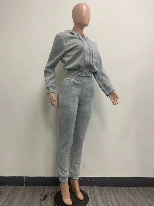 Plush Cropped Hoodies with Sportswear Casual Jogger Set