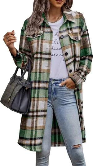 PRETTYGARDEN Women's Plaid Shacket 2025 Long Sleeve Button Up Flannel Shirt Winter Tartan Jacket Woolen Coats