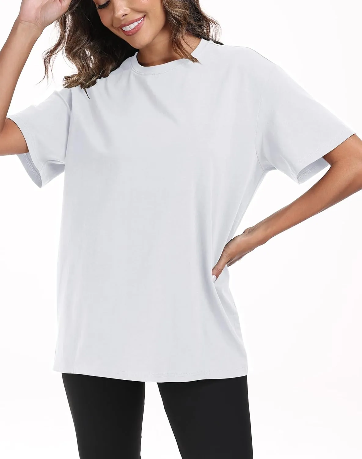 PRIMODA Womens Oversized Short Sleeve T Shirts Trendy Crew Neck Loose Workout Tee Casual Summer Tops Cotton