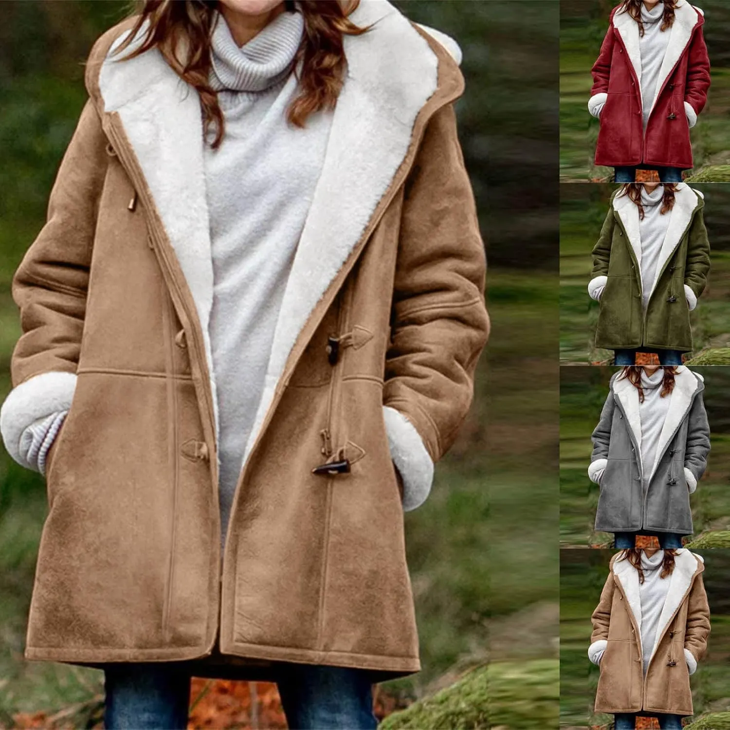 Qeaghou Fleece Lined Winter Coats for Women Warm Trench Coat Furry Windbreaker Ski Jacket Fuzzy Solid Jacket with Hood