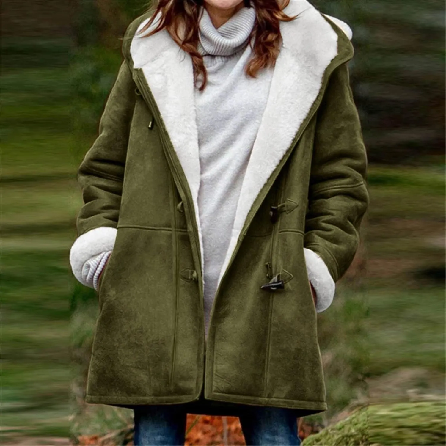 Qeaghou Fleece Lined Winter Coats for Women Warm Trench Coat Furry Windbreaker Ski Jacket Fuzzy Solid Jacket with Hood