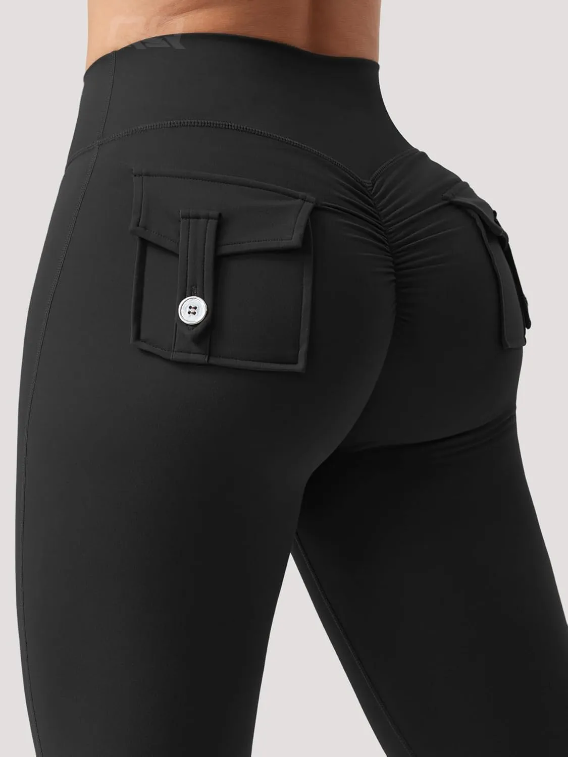 QOQ Flare Leggings with Pockets for Women Workout Scrunch Flare Leggings Tummy Control Gym Yoga Pants Wide Leg
