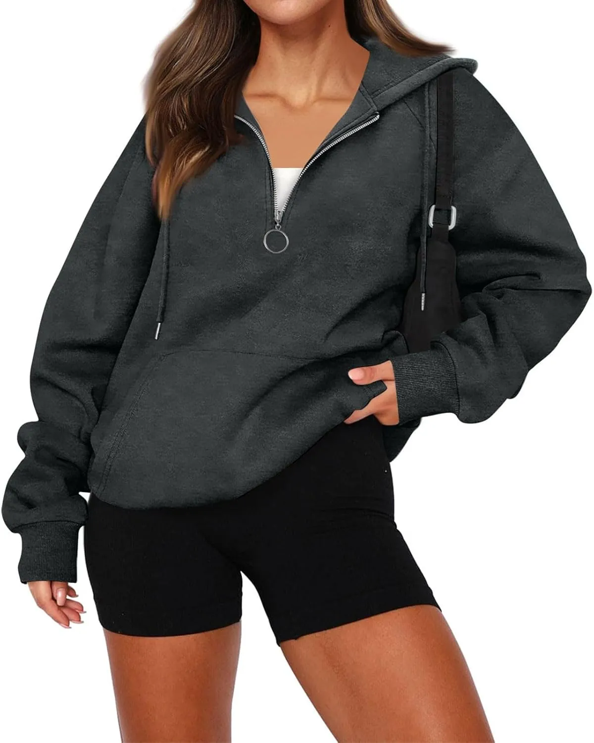 Quarter Zip Pullover Women,2024 Fall Casual Loose Oversized Hoodies Plain Long Sleeve Shirts With Kangaroo Pockets