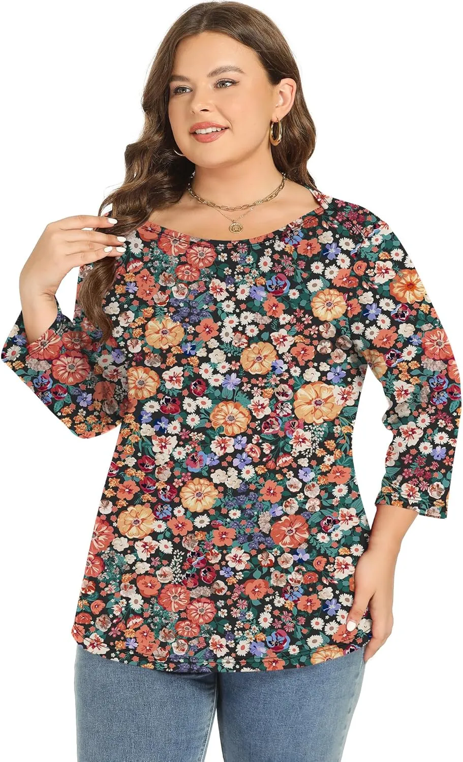 Rapbin Womens Plus Size 3/4 Length Sleeve Tops Boat Neck Loose Fit Tee Tunic Blouse XL-5XL
