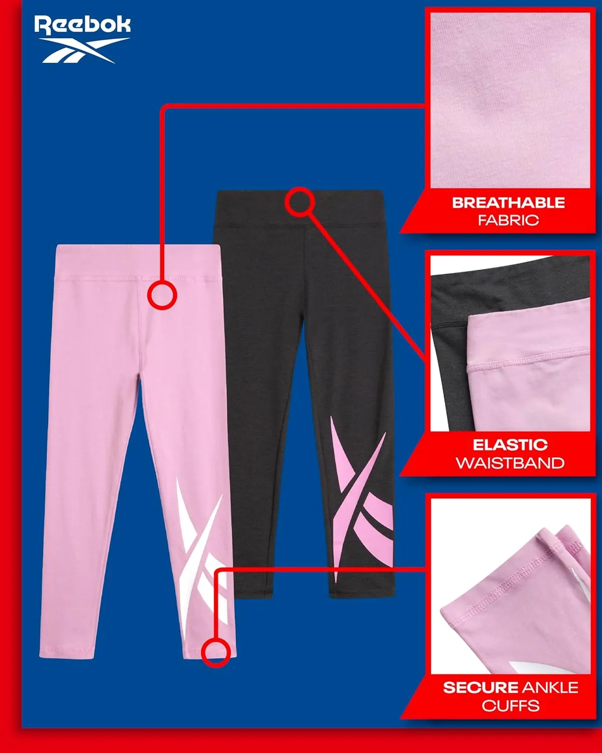 Reebok Girls Leggings - 2 Pack Athletic Performance Cotton Leggings - Yoga Pants for Girls Dance Tights (Sizes: 7-12)