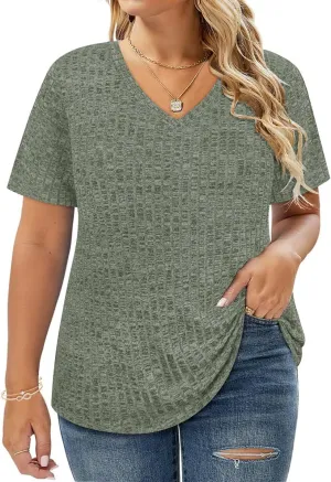 RITERA Plus Size Tops for Women Short Sleeve V Neck Solid Loose Ribbed T Shirts Causual Tunics Summer Tie Dye Blouse XL-5XL