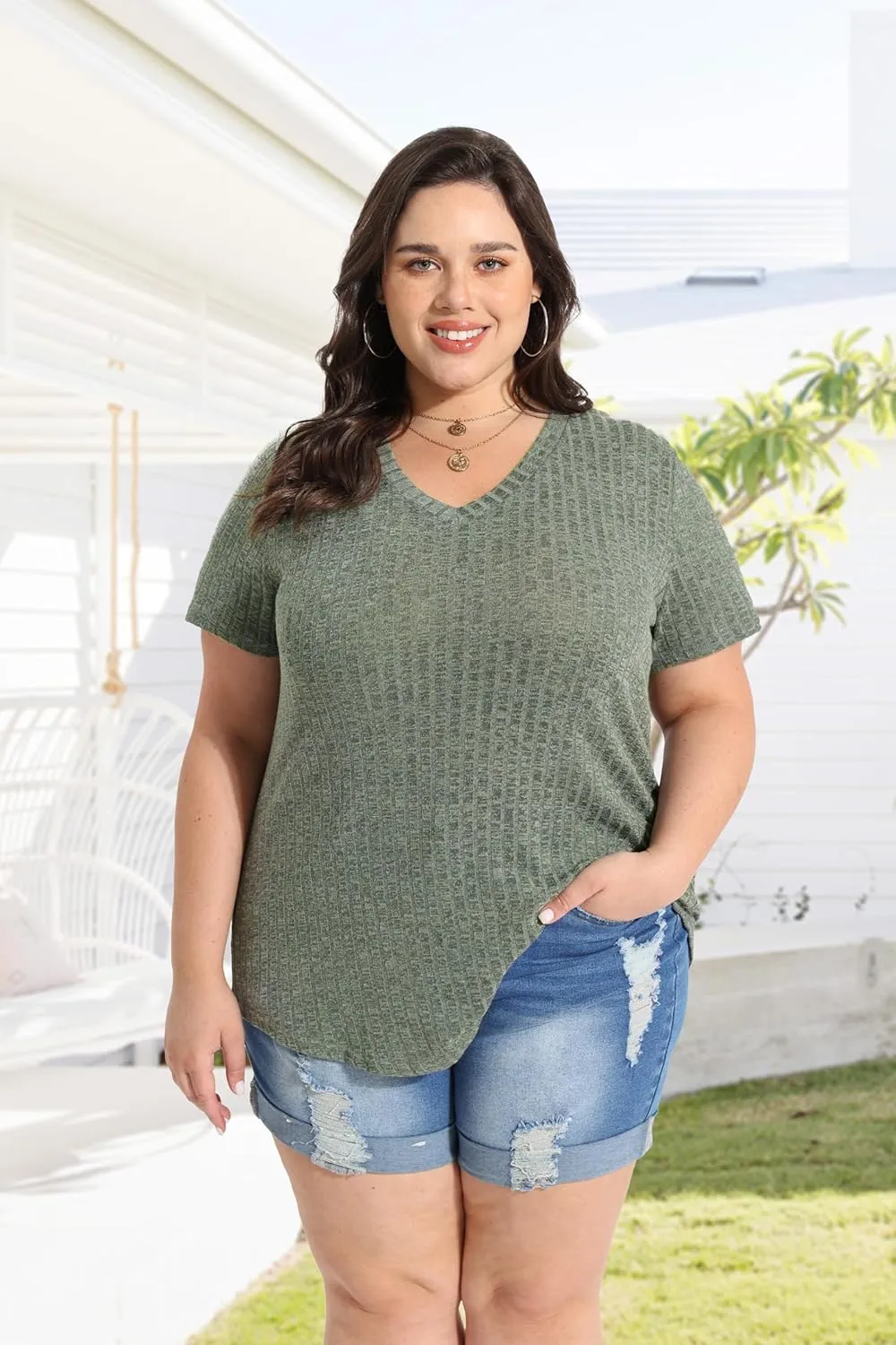 RITERA Plus Size Tops for Women Short Sleeve V Neck Solid Loose Ribbed T Shirts Causual Tunics Summer Tie Dye Blouse XL-5XL