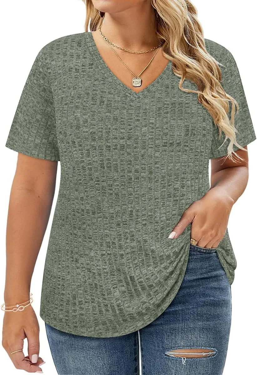 RITERA Plus Size Tops for Women Short Sleeve V Neck Solid Loose Ribbed T Shirts Causual Tunics Summer Tie Dye Blouse XL-5XL