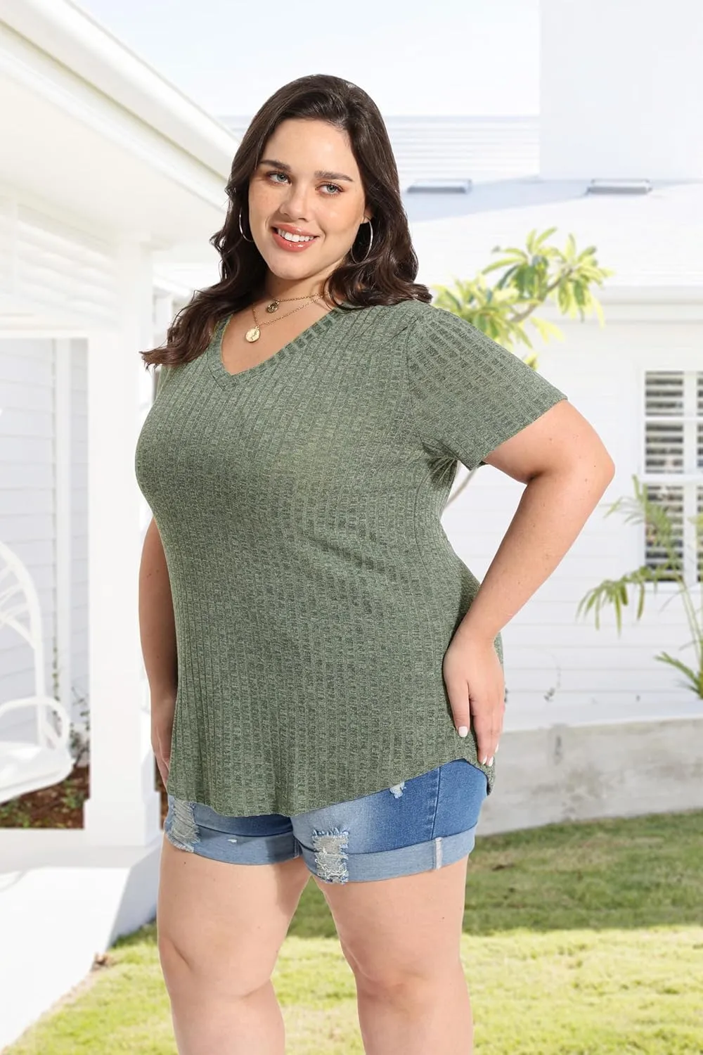 RITERA Plus Size Tops for Women Short Sleeve V Neck Solid Loose Ribbed T Shirts Causual Tunics Summer Tie Dye Blouse XL-5XL