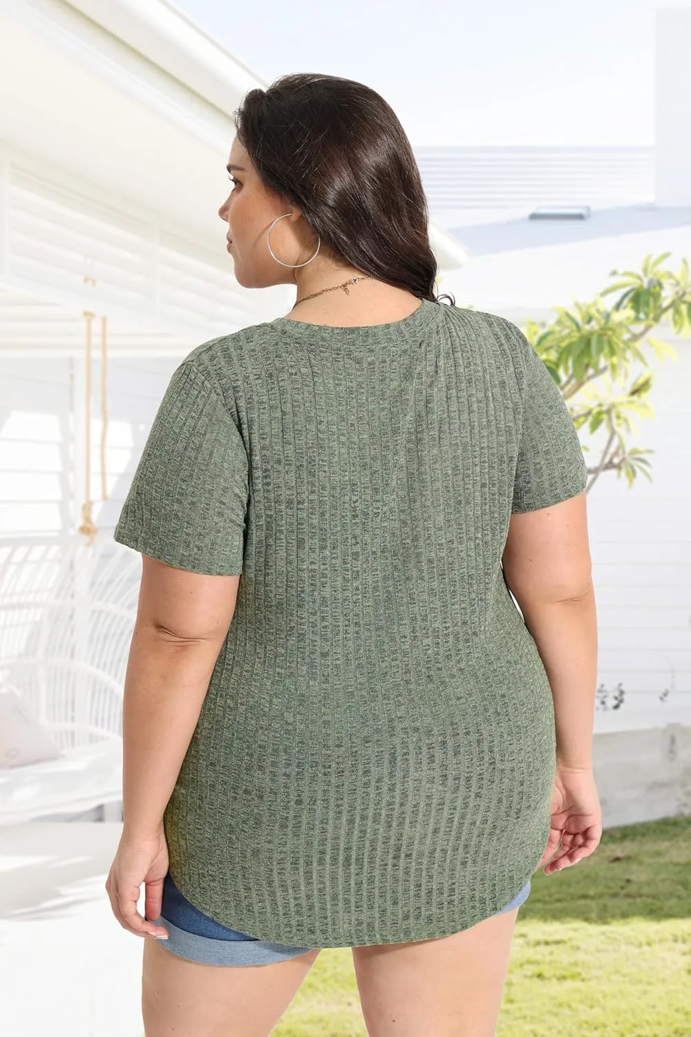 RITERA Plus Size Tops for Women Short Sleeve V Neck Solid Loose Ribbed T Shirts Causual Tunics Summer Tie Dye Blouse XL-5XL