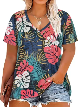RITERA Women Plus Size Tops Tie Dye V Neck Shirt Floral Camo Summer Short Sleeve Tunic Oversized Ladies Blouse XL-5XL