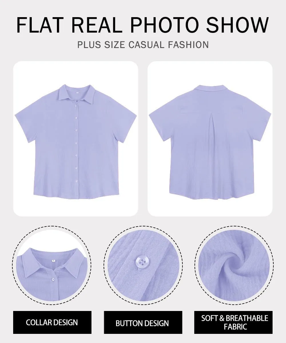 RITERA Womens Plus Size Tops Button Down Roll-Up Cuffed Short Sleeve Casual Shirts Collared Summer Lightweight Blouse XL-5XL