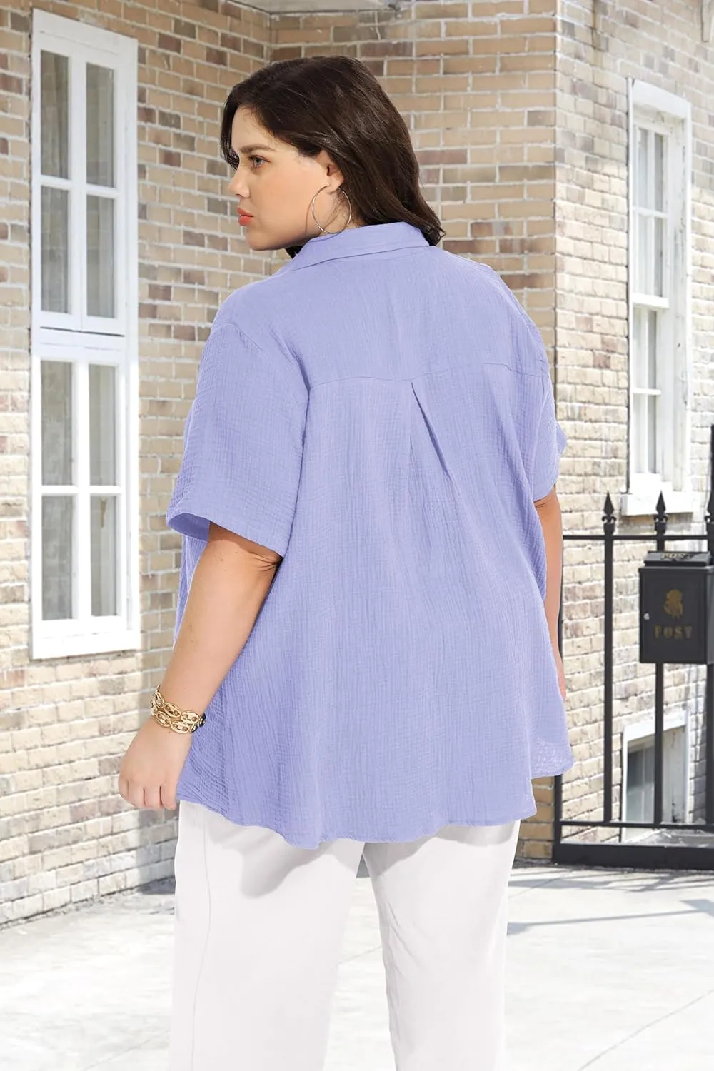 RITERA Womens Plus Size Tops Button Down Roll-Up Cuffed Short Sleeve Casual Shirts Collared Summer Lightweight Blouse XL-5XL