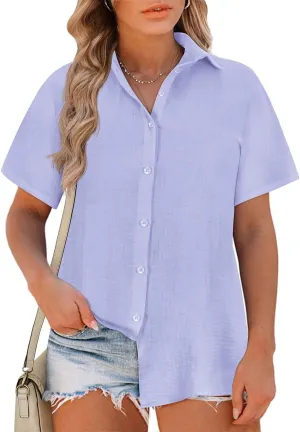 RITERA Womens Plus Size Tops Button Down Roll-Up Cuffed Short Sleeve Casual Shirts Collared Summer Lightweight Blouse XL-5XL