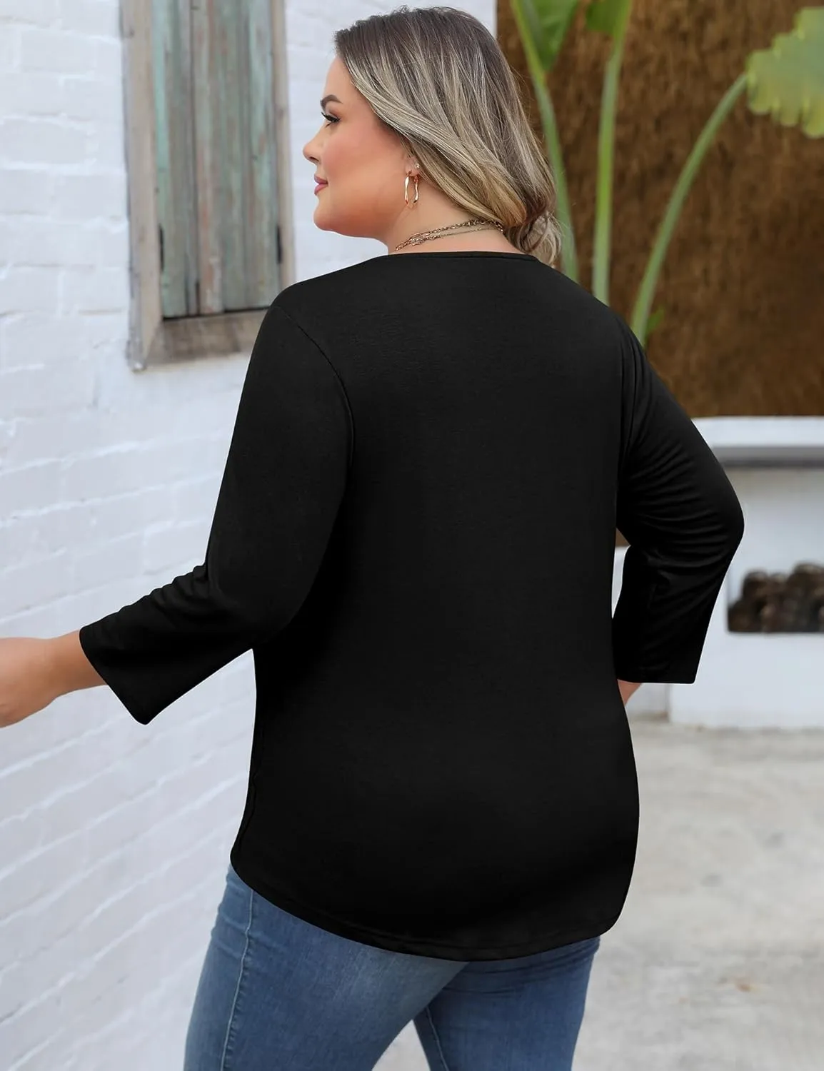 Romanstii Womens Plus Size Tops Casual 3/4 Sleeve V Neck T Shirt Loose Fit Tunic Blouse 1X-5X