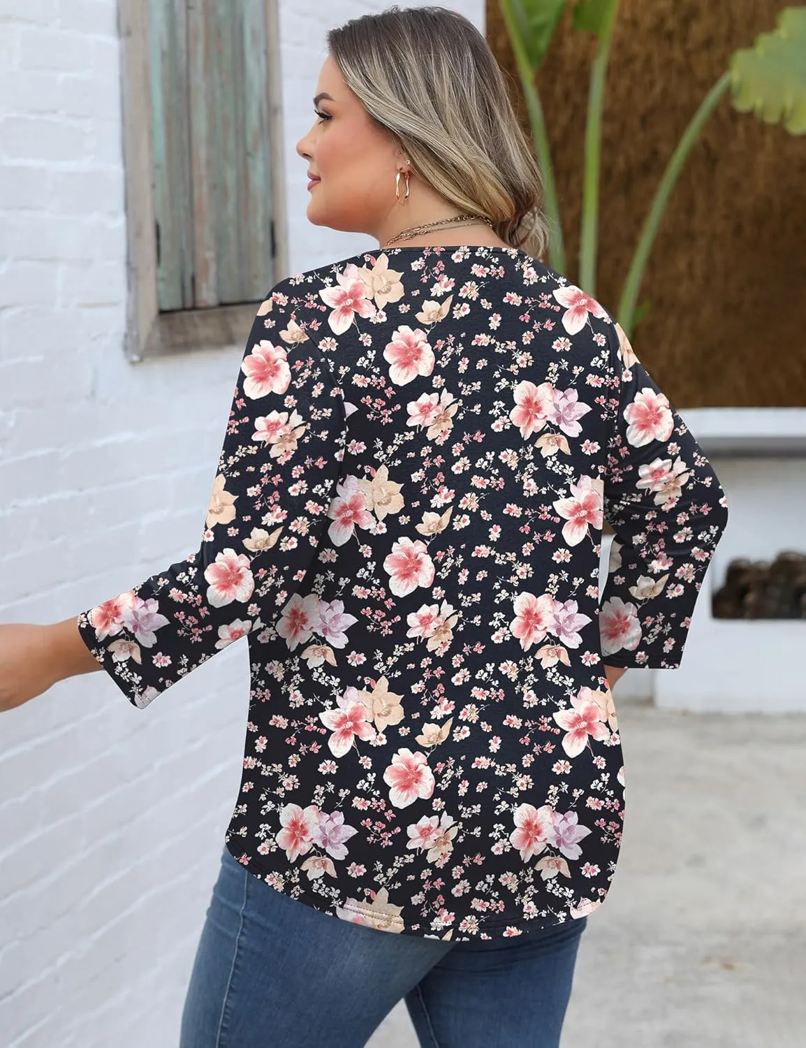 Romanstii Womens Plus Size Tops Casual 3/4 Sleeve V Neck T Shirt Loose Fit Tunic Blouse 1X-5X