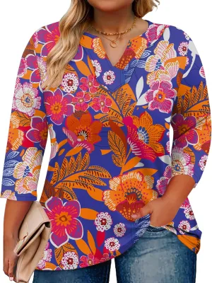 Romanstii Womens Plus Size Tops Casual 3/4 Sleeve V Neck T Shirt Loose Fit Tunic Blouse 1X-5X