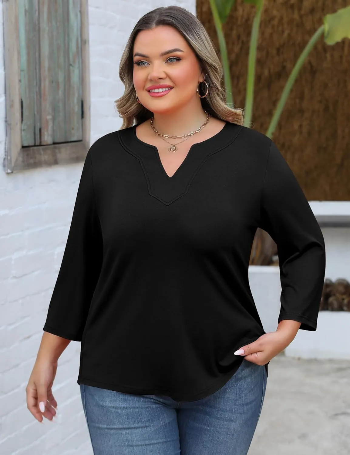 Romanstii Womens Plus Size Tops Casual 3/4 Sleeve V Neck T Shirt Loose Fit Tunic Blouse 1X-5X