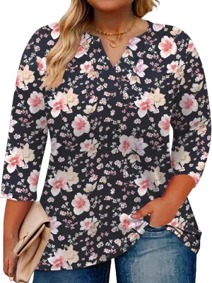 Romanstii Womens Plus Size Tops Casual 3/4 Sleeve V Neck T Shirt Loose Fit Tunic Blouse 1X-5X