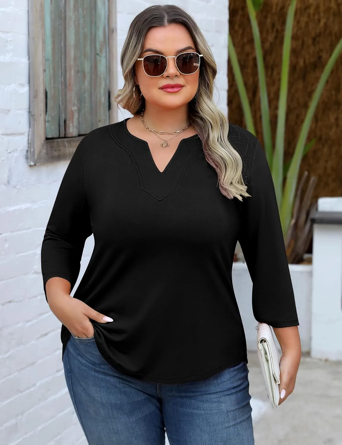 Romanstii Womens Plus Size Tops Casual 3/4 Sleeve V Neck T Shirt Loose Fit Tunic Blouse 1X-5X